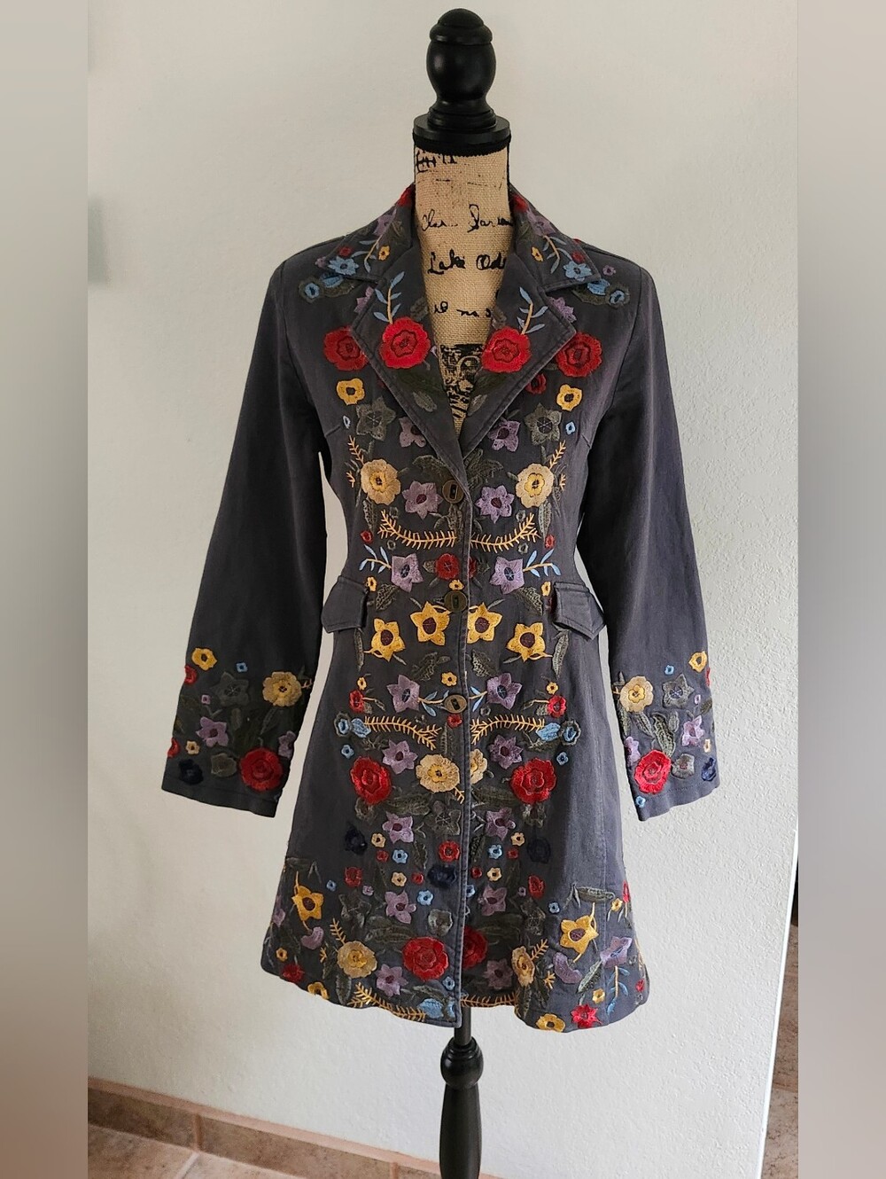 Vintage Paparazzi Embroidered Grey Denim Trench Coat Sz M